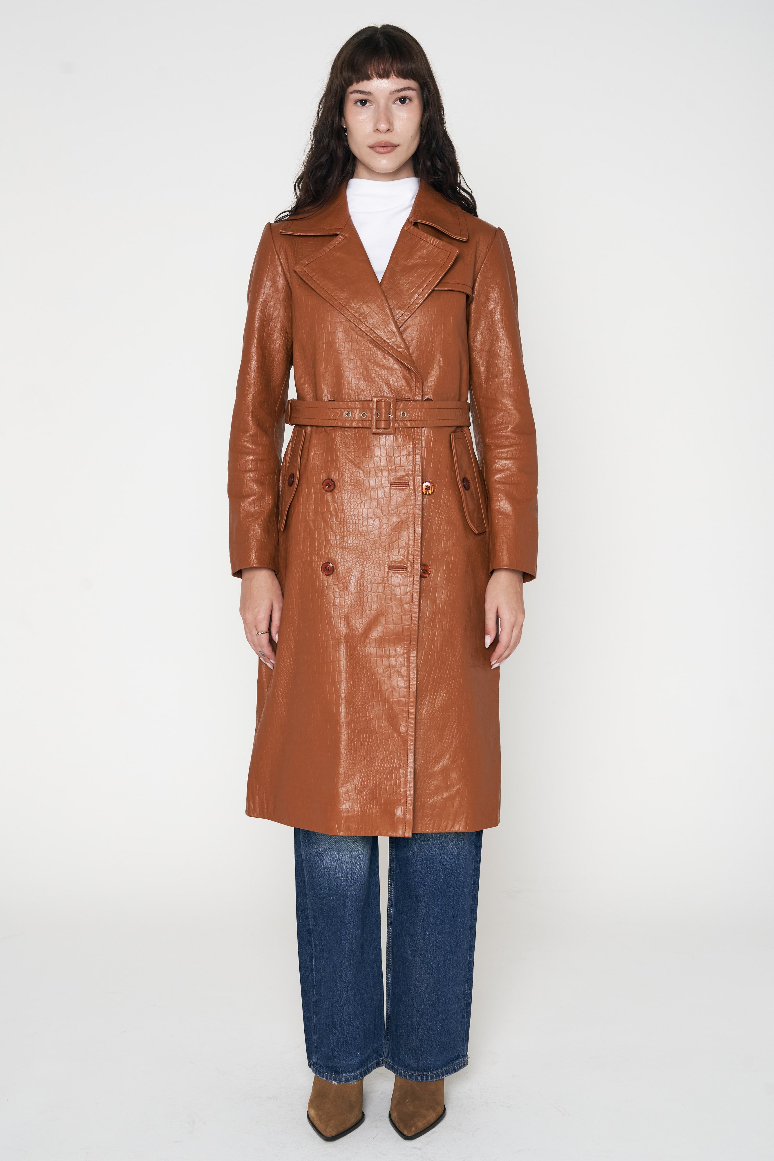 Crocodile Style Leather Trench Coat Caramel – Fueled