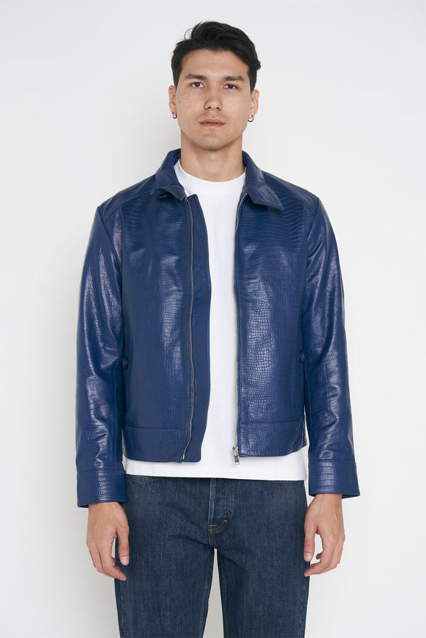 Crocodile Style Leather Classic Jacket - Cobalt