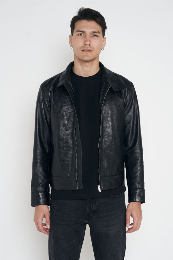 Crocodile Style Leather Classic Jacket - Black