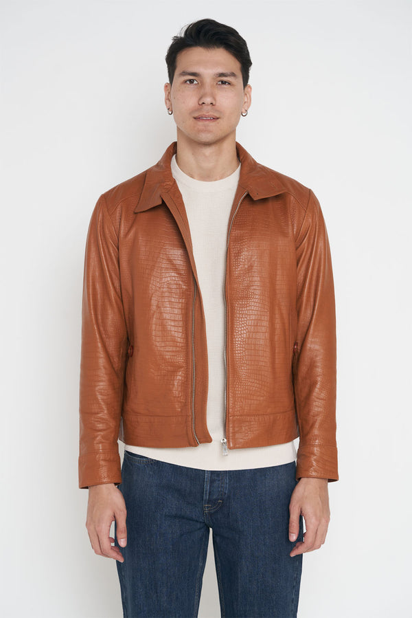 Crocodile Style Leather Classic Jacket - Caramel