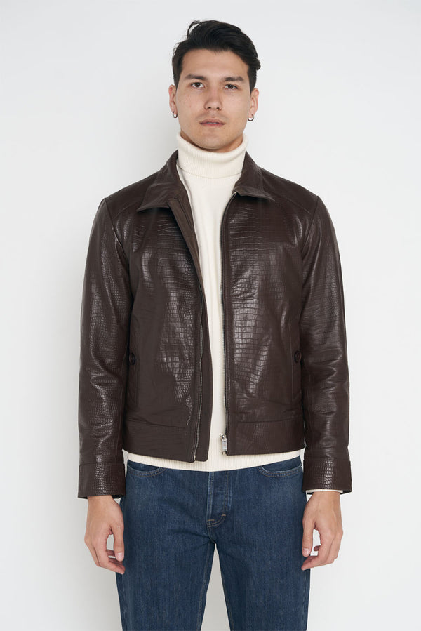 Crocodile Style Leather Classic Jacket - Dark Brown