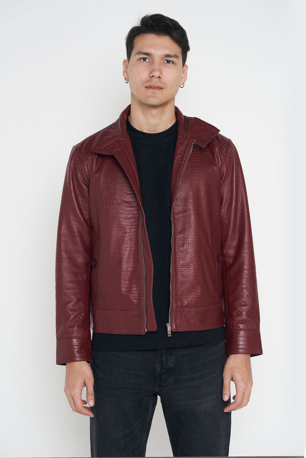 Crocodile Style Leather Classic Jacket - Burgundy