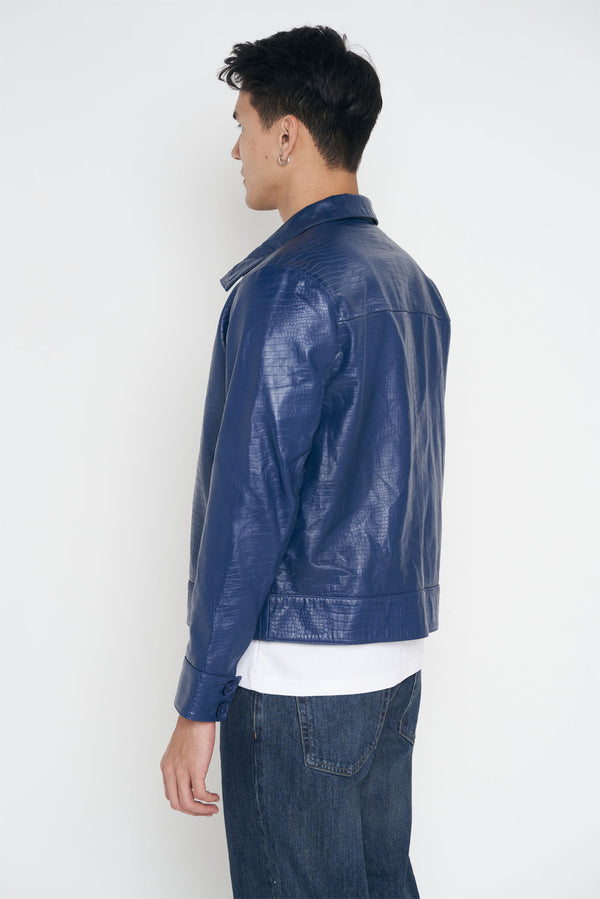 Crocodile Style Leather Classic Jacket - Cobalt