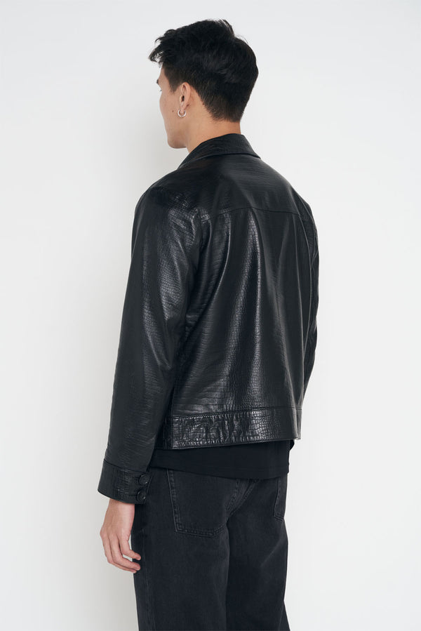 Crocodile Style Leather Classic Jacket - Black