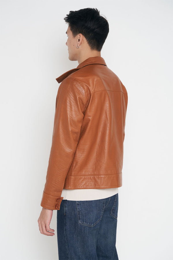 Crocodile Style Leather Classic Jacket - Caramel