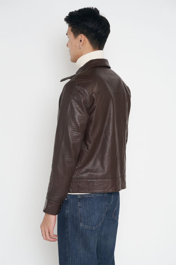 Crocodile Style Leather Classic Jacket - Dark Brown