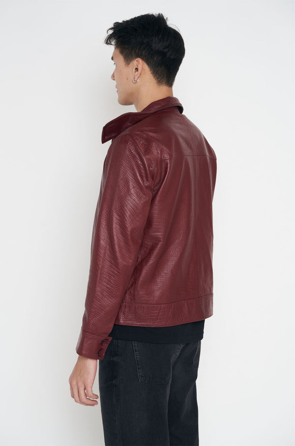 Crocodile Style Leather Classic Jacket - Burgundy