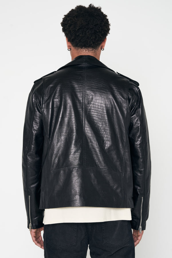 Crocodile Style Leather Biker Jacket - Black