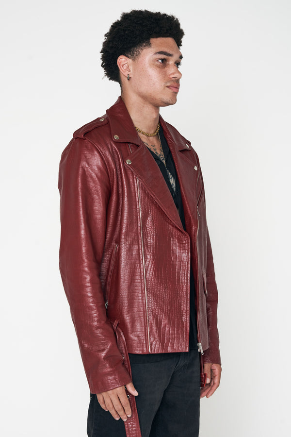 Crocodile Style Leather Biker Jacket - Burgundy