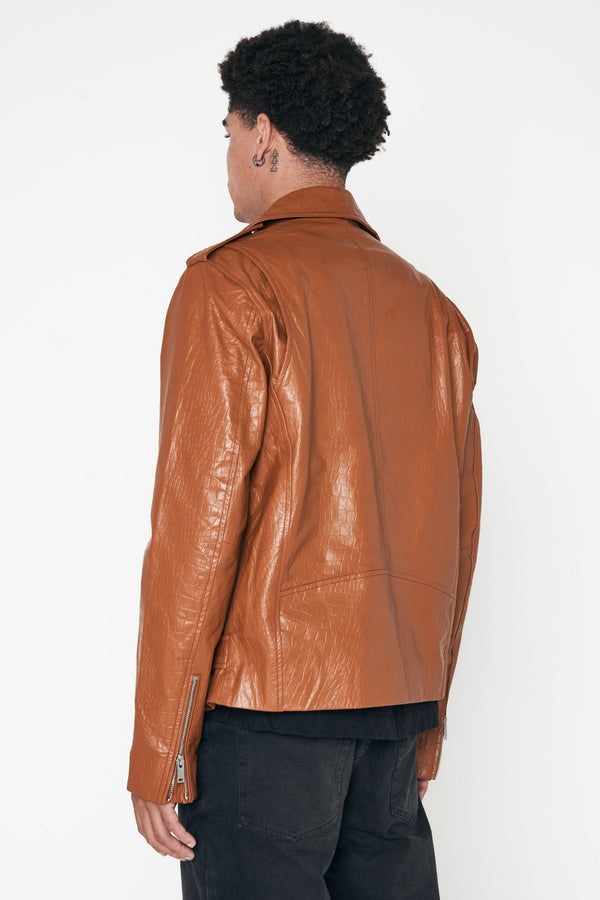 Crocodile Style Leather Biker Jacket - Caramel