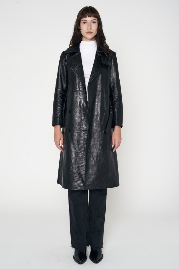 Crocodile Style Leather Trench Coat - Black