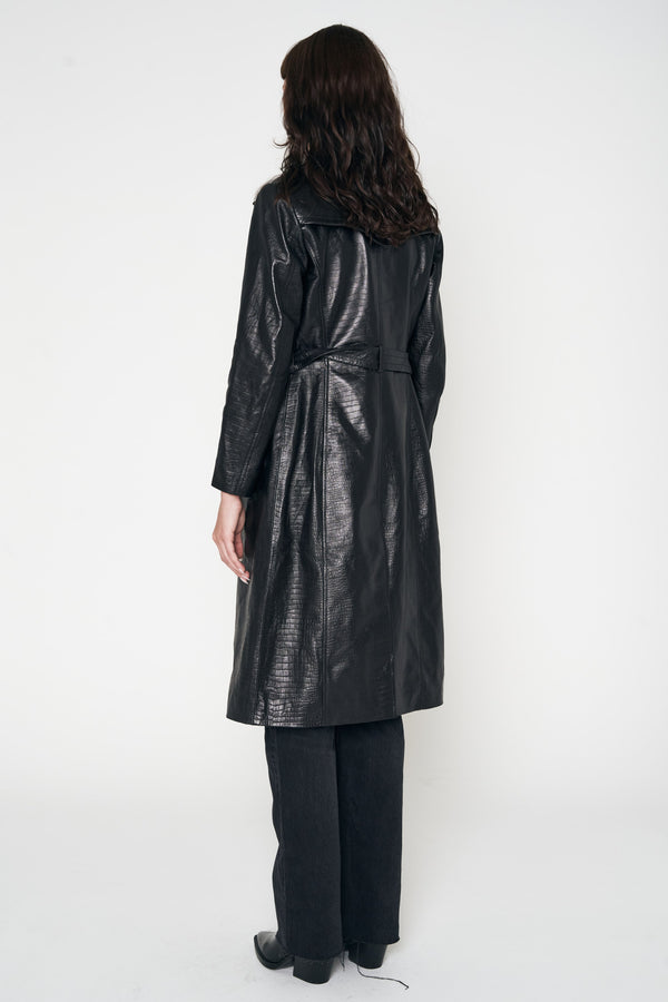 Crocodile Style Leather Trench Coat - Black