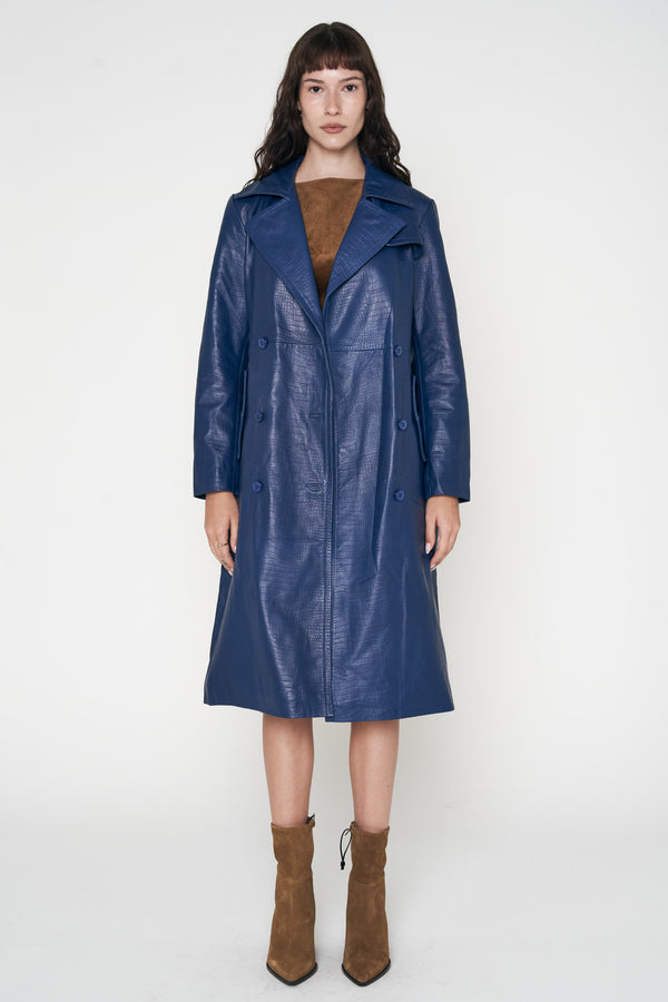 Crocodile Style Leather Trench Coat - Blue