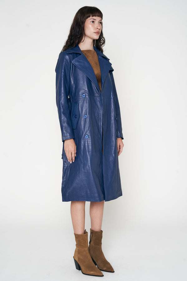Crocodile Style Leather Trench Coat - Blue