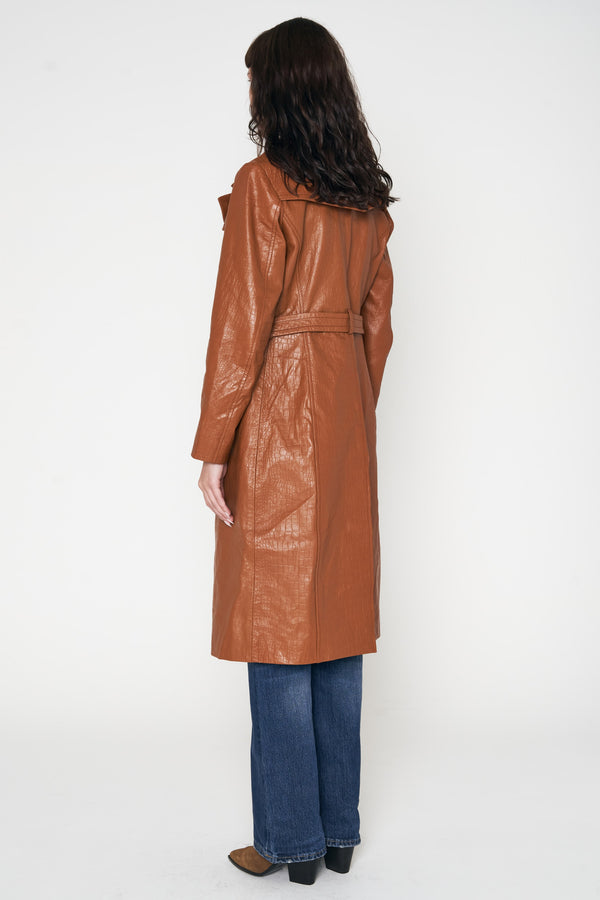 Crocodile Style Leather Trench Coat - Caramel