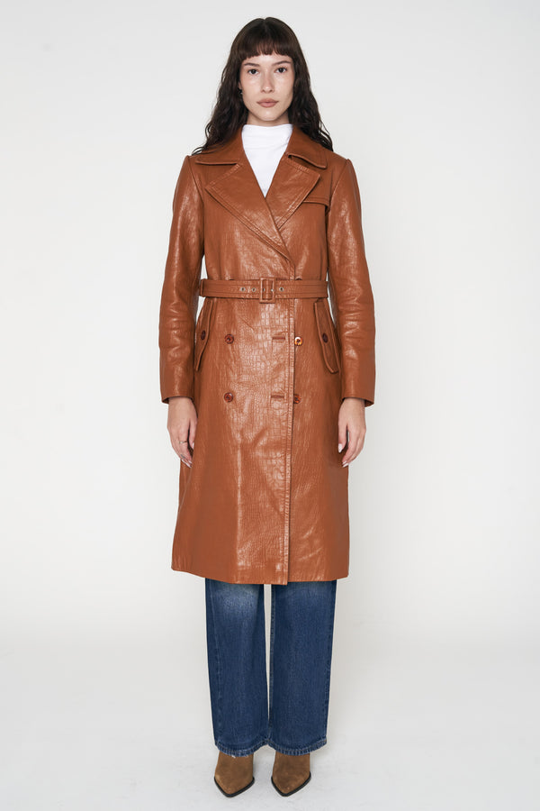 Crocodile Style Leather Trench Coat - Caramel