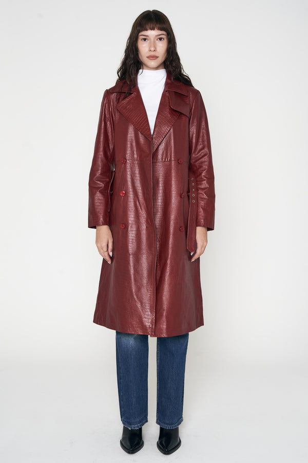 Crocodile Style Leather Trench Coat - Burgundy