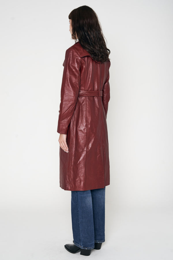 Crocodile Style Leather Trench Coat - Burgundy