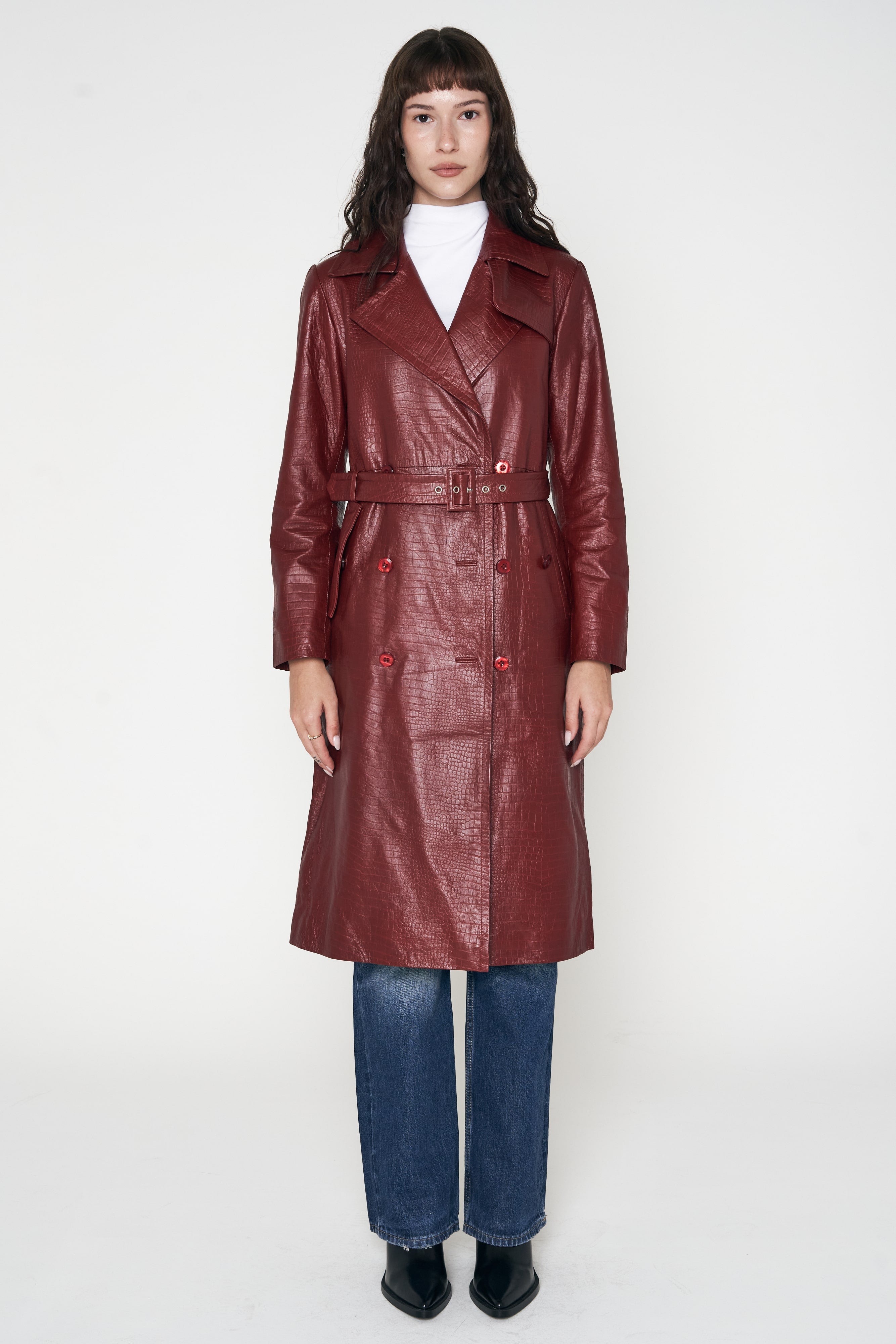 Crocodile Style Leather Trench Coat Burgundy – Fueled