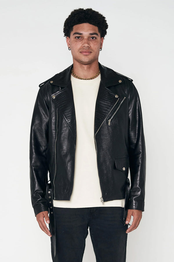 Crocodile Style Leather Biker Jacket - Black