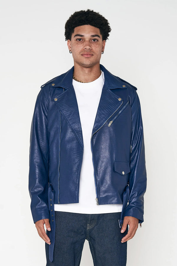 Crocodile Style Leather Biker Jacket - Blue