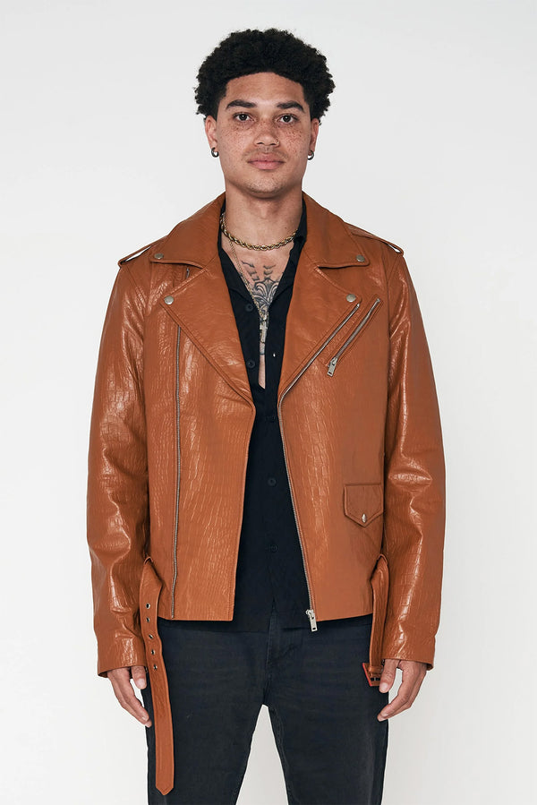 Crocodile Style Leather Biker Jacket - Caramel