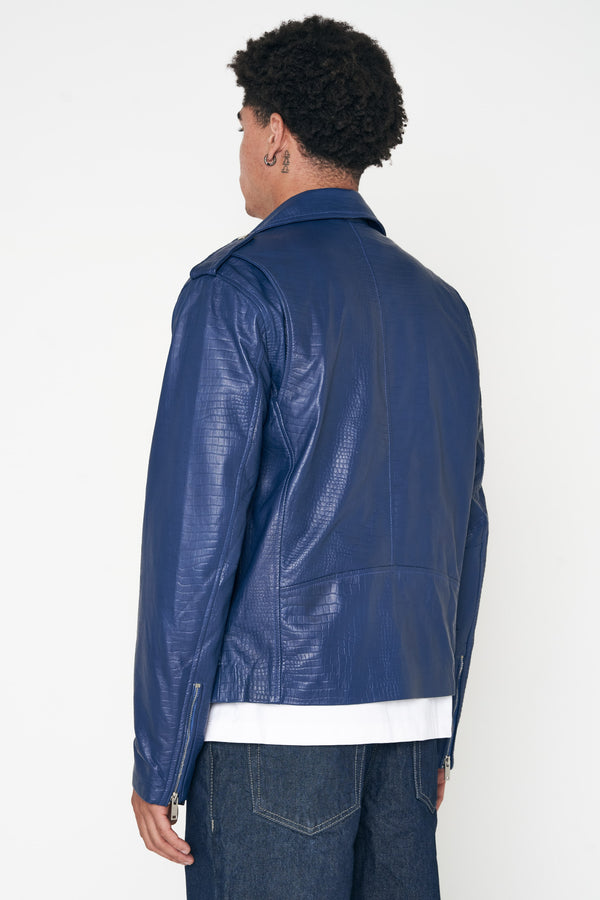 Crocodile Style Leather Biker Jacket - Blue