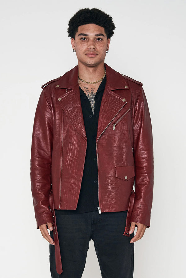 Crocodile Style Leather Biker Jacket - Burgundy